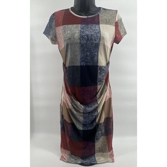 My Bump Luke 2:40 Plaid Short Sleeved Bodycon Maternity Rouched Dress Small S - Picture 1 of 7